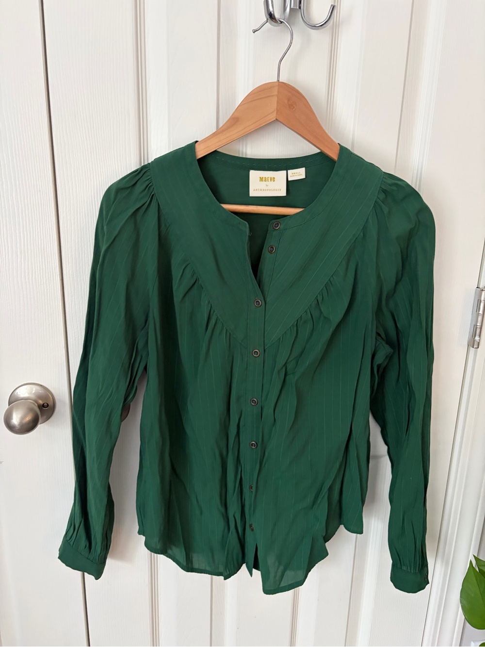Anthropologie Deep Green Ruffle-Trim Button Blouse
